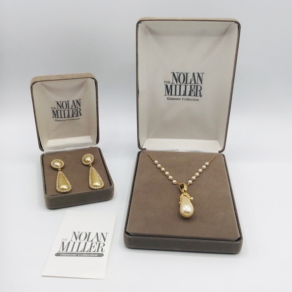 Nolan Miller Jewelry - Nolan MILLER Set Pendant Necklace Earrings Gold Tone Long FauxPearl Rhinestone